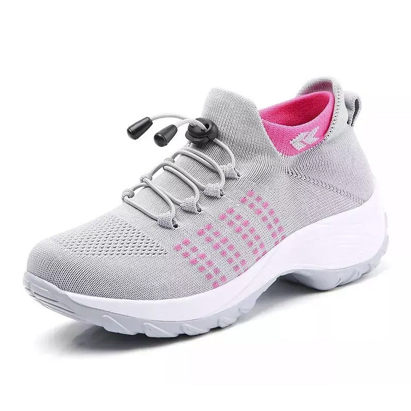 "Women's orthopaedic comfort shoes with contoured footbed, mesh upper in black and purple, providing advanced support."