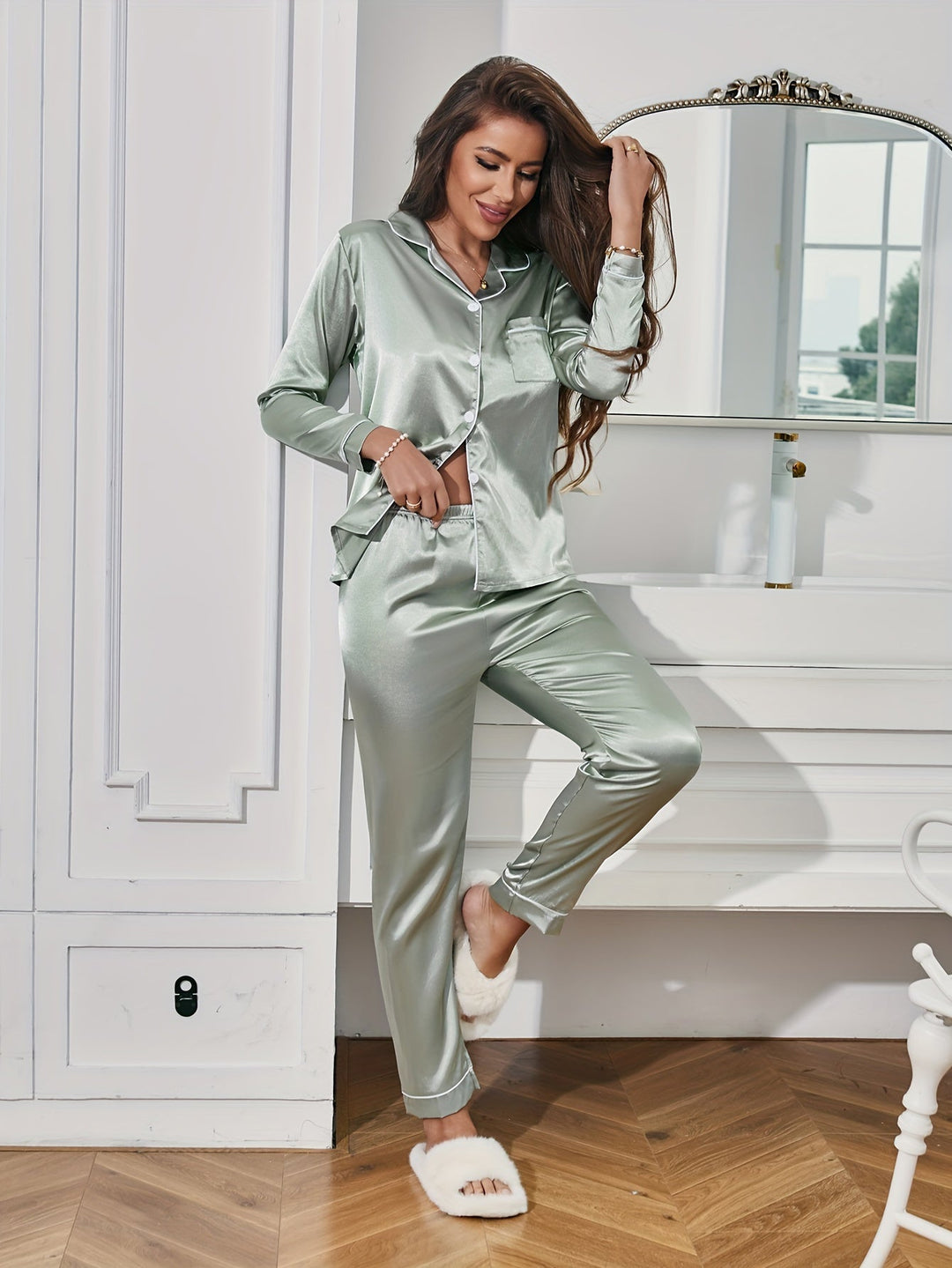 "Women's silk sleepwear set, two-piece, elegant colors, relaxed fit, luxurious silk fabric, perfect for comfort and style."