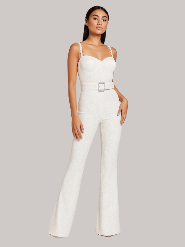 "Women's strapless glitter jumpsuit with waist belt, sparkling fabric, figure-hugging fit, ideal for evening events and parti