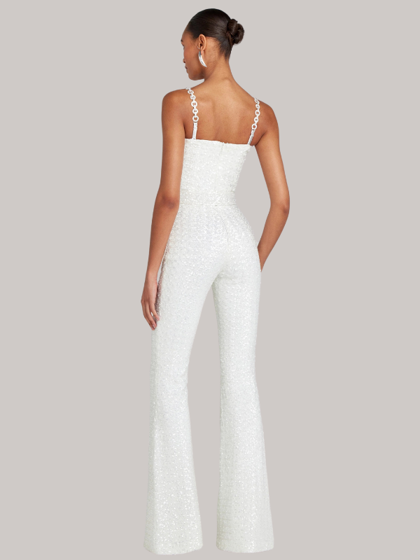 "Women's strapless glitter jumpsuit with waist belt, sparkling fabric, figure-hugging fit, ideal for evening events and parti