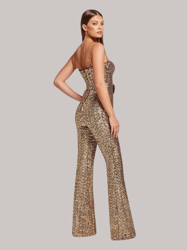 "Women's strapless glitter jumpsuit with waist belt, sparkling fabric, figure-hugging fit, ideal for evening events and parti