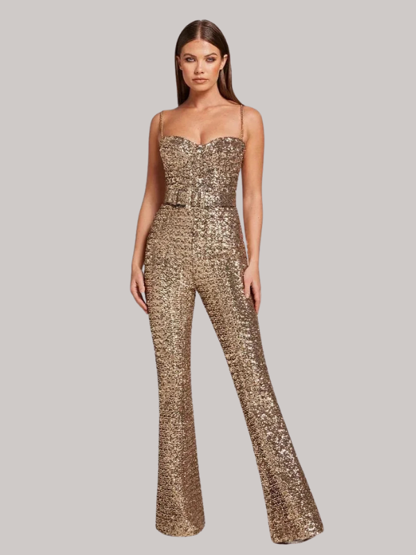 "Women's strapless glitter jumpsuit with waist belt, sparkling fabric, figure-hugging fit, ideal for evening events and parti