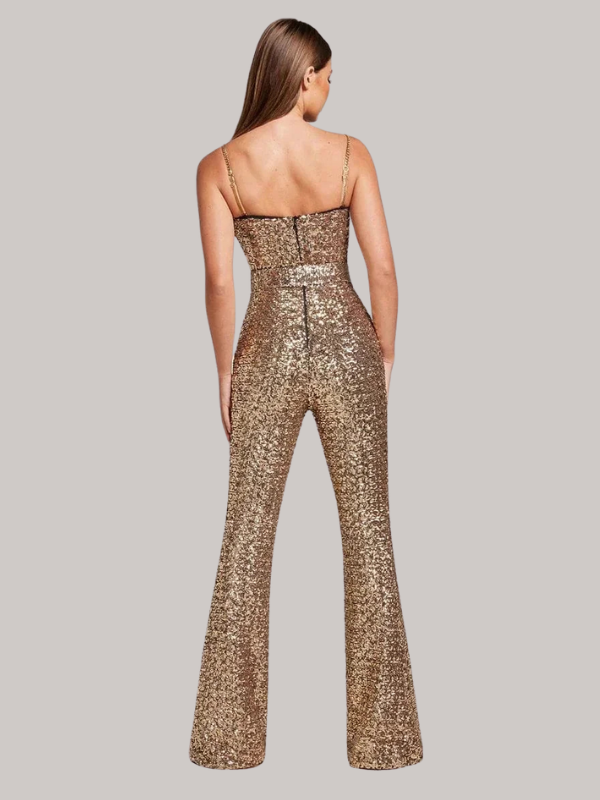 "Women's strapless glitter jumpsuit with waist belt, sparkling fabric, figure-hugging fit, ideal for evening events and parti