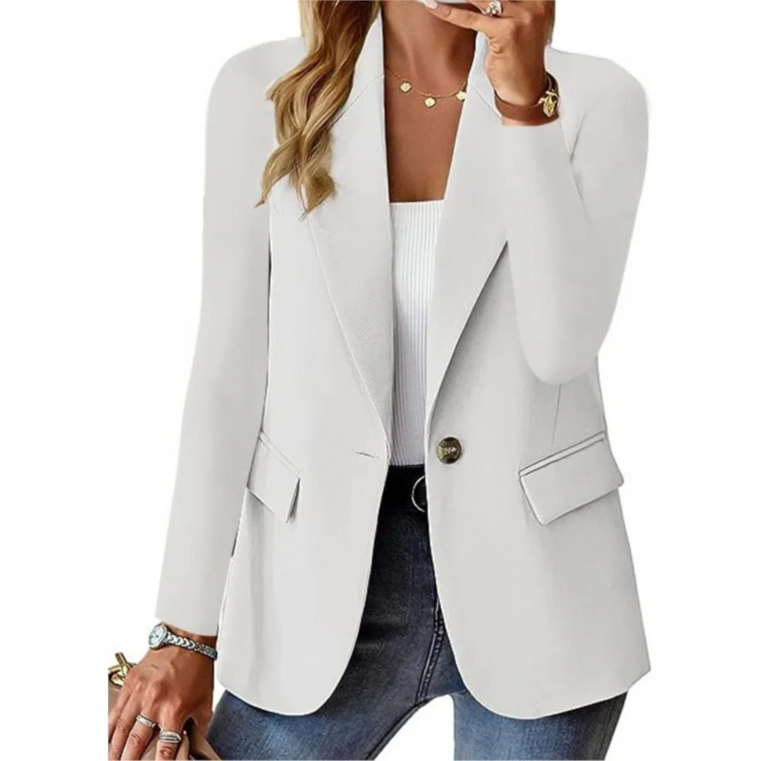 "Women's stylish long sleeve blazer with clasp pocket, available in white, pink, red, and brown for versatile elegance."