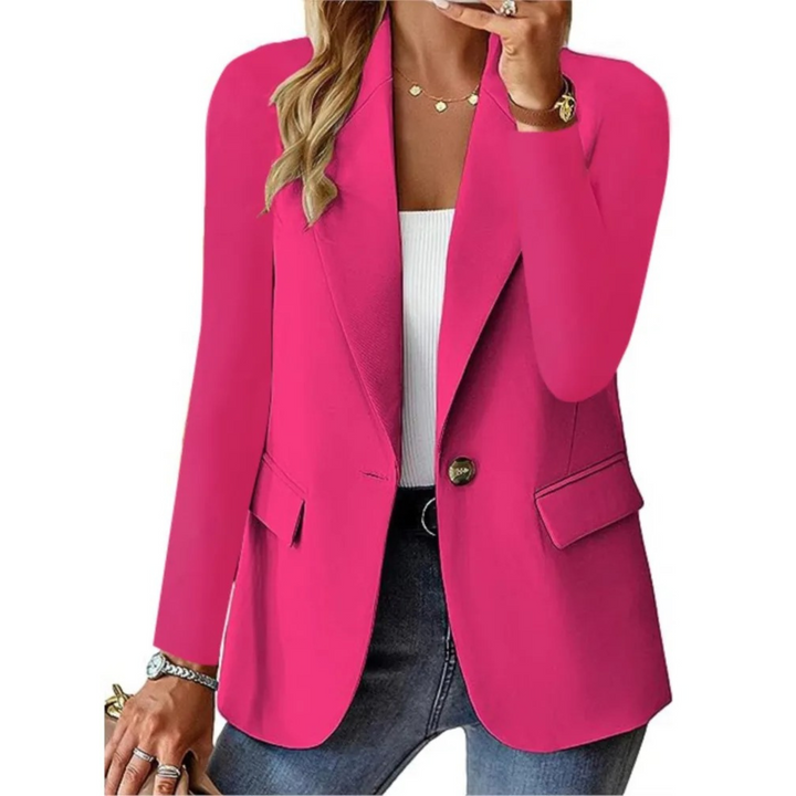 "Women's stylish long sleeve blazer with clasp pocket, available in white, pink, red, and brown for versatile elegance."