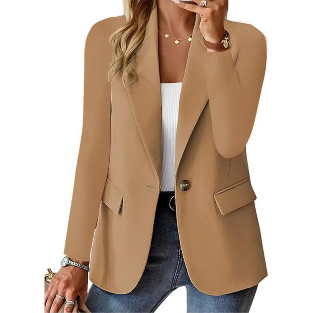 "Women's stylish long sleeve blazer with clasp pocket, available in white, pink, red, and brown for versatile elegance."