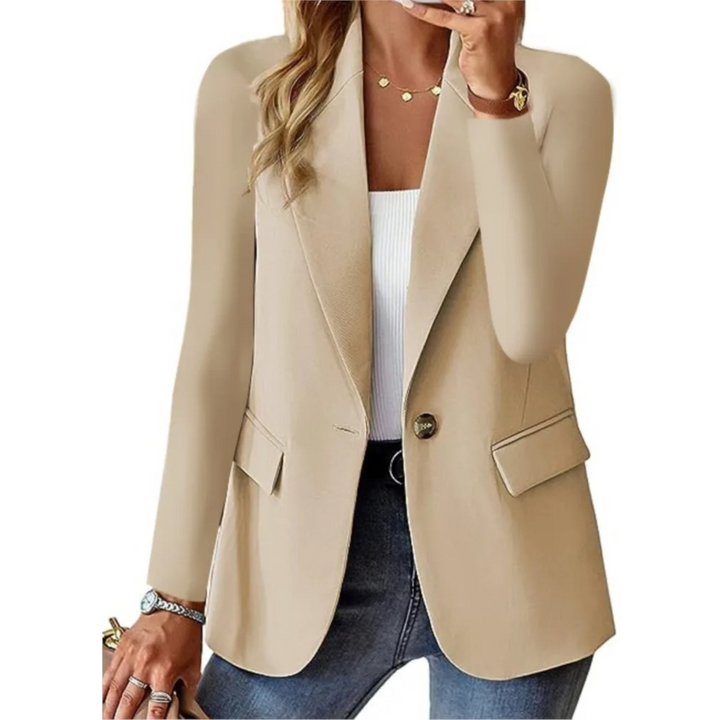 "Women's stylish long sleeve blazer with clasp pocket, available in white, pink, red, and brown for versatile elegance."