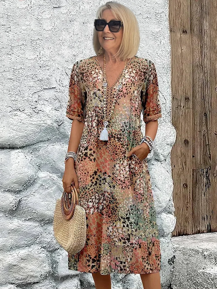 "Women's vibrant summer midi dress in blush pink, lavender, ocean blue, sandy beige, and scarlet red with a breezy fit."