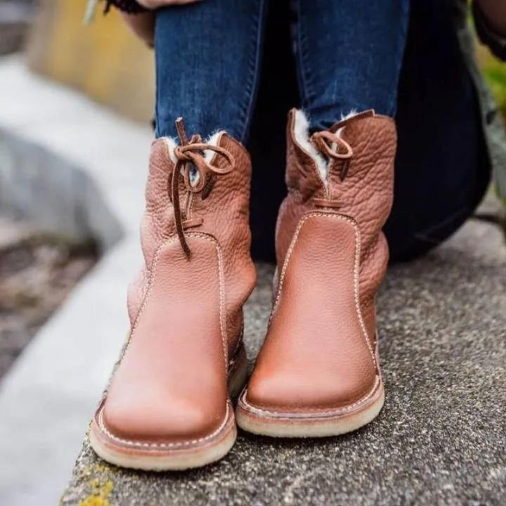 "Women's winter boots, waterproof leather with wool lining, offering style and warmth for cold weather conditions."
