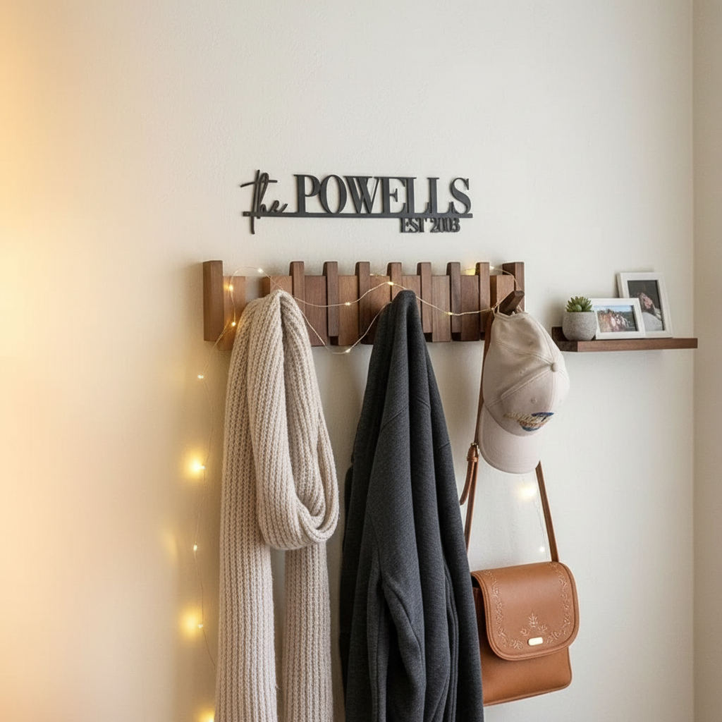 "Wooden piano coat rack with elegant piano-key design, made from beech and walnut wood, stylish home decor and organizer."