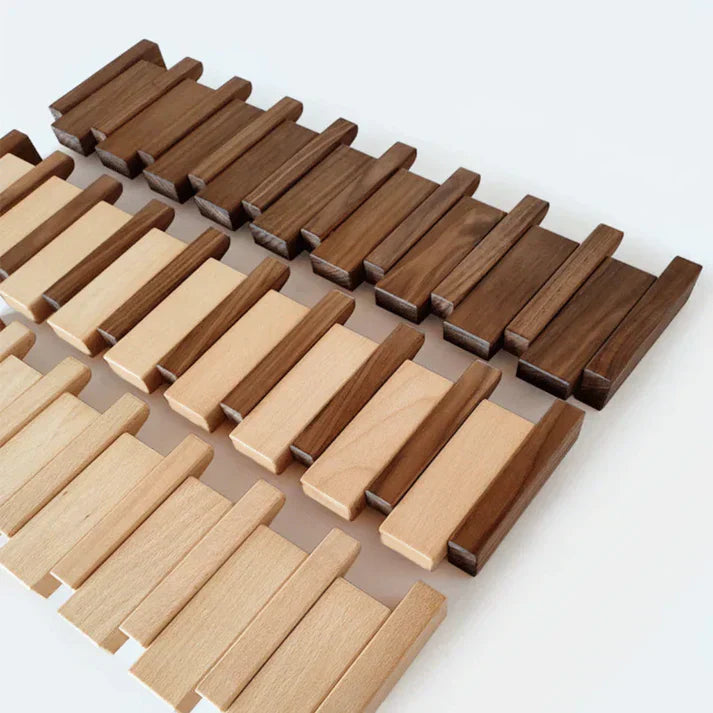 "Wooden piano coat rack with elegant piano-key design, made from beech and walnut wood, stylish home decor and organizer."