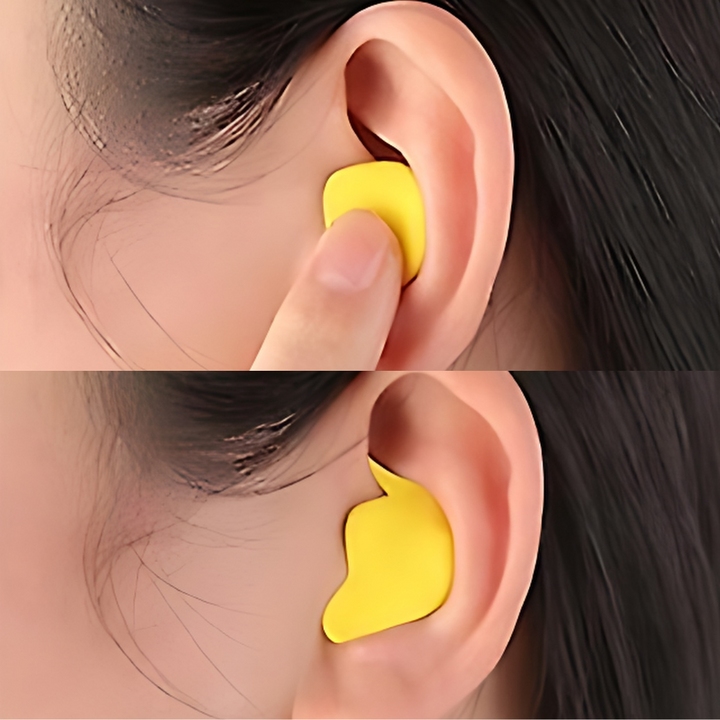 "Yellow noise-cancelling SilentComfort earplugs for sound isolation, sleep, travel, soft hypoallergenic comfort."