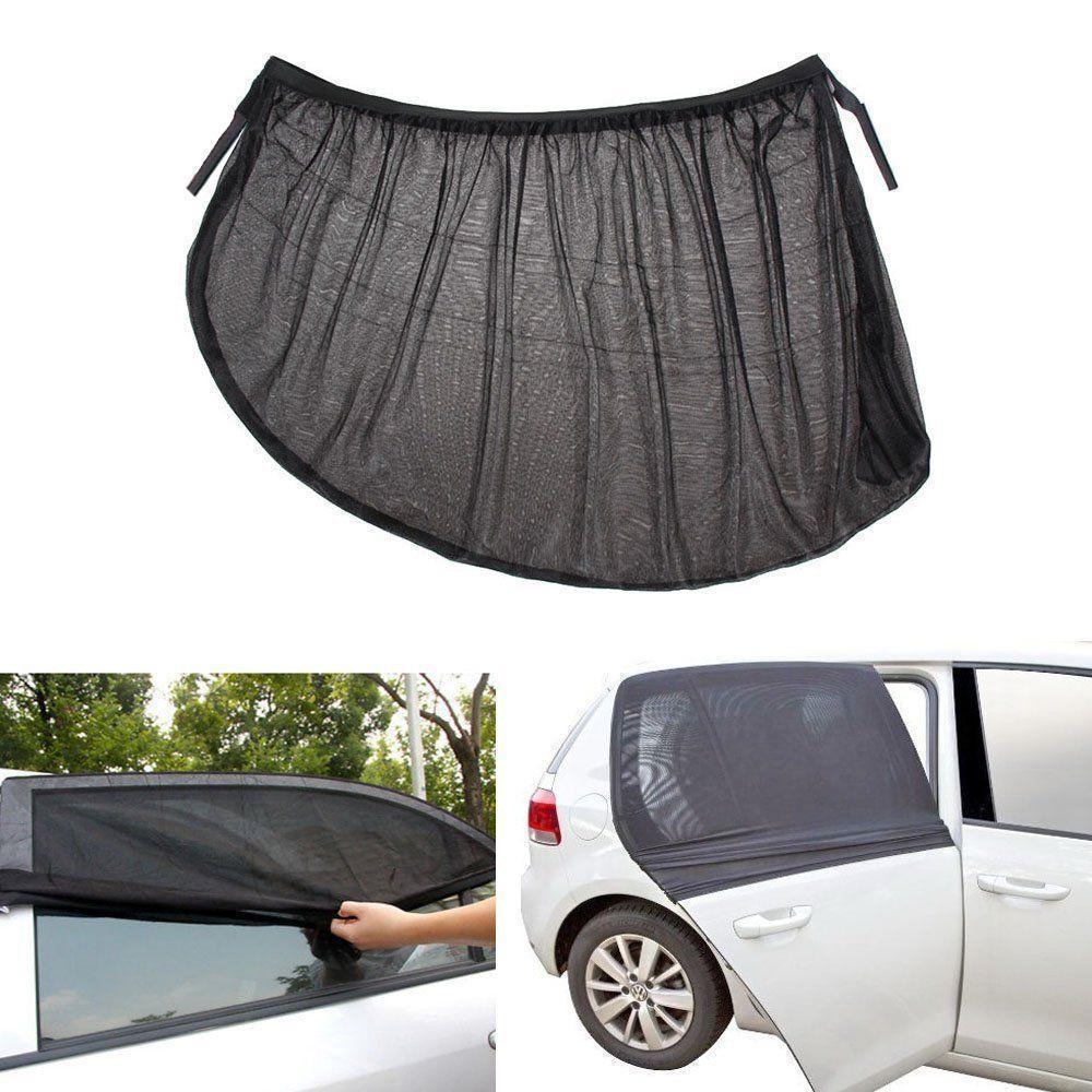Universal car side window sun shade, black mesh, rolled out to cover a side window for sun protection.
