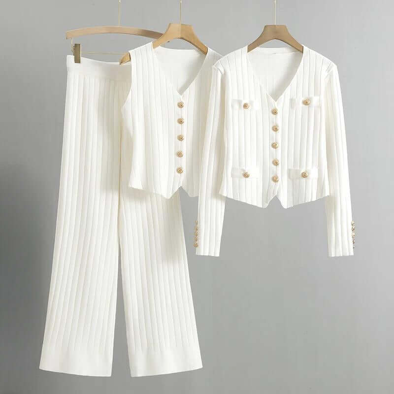 Women's Knitted Lounge Set with Cardigan, Vest & Wide-Leg Trousers