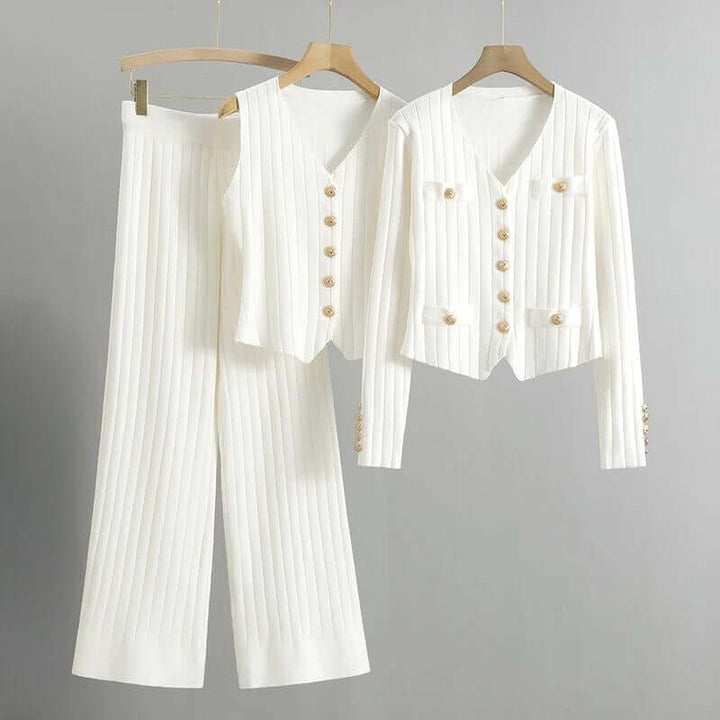 Women's Knitted Lounge Set with Cardigan, Vest & Wide-Leg Trousers