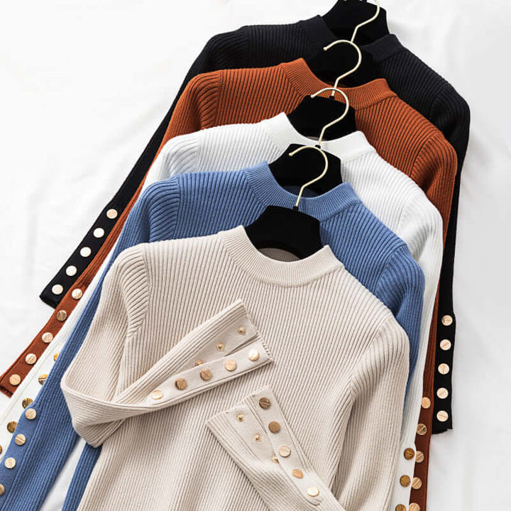 Ribbed Knit Sweater with Button Cuffs