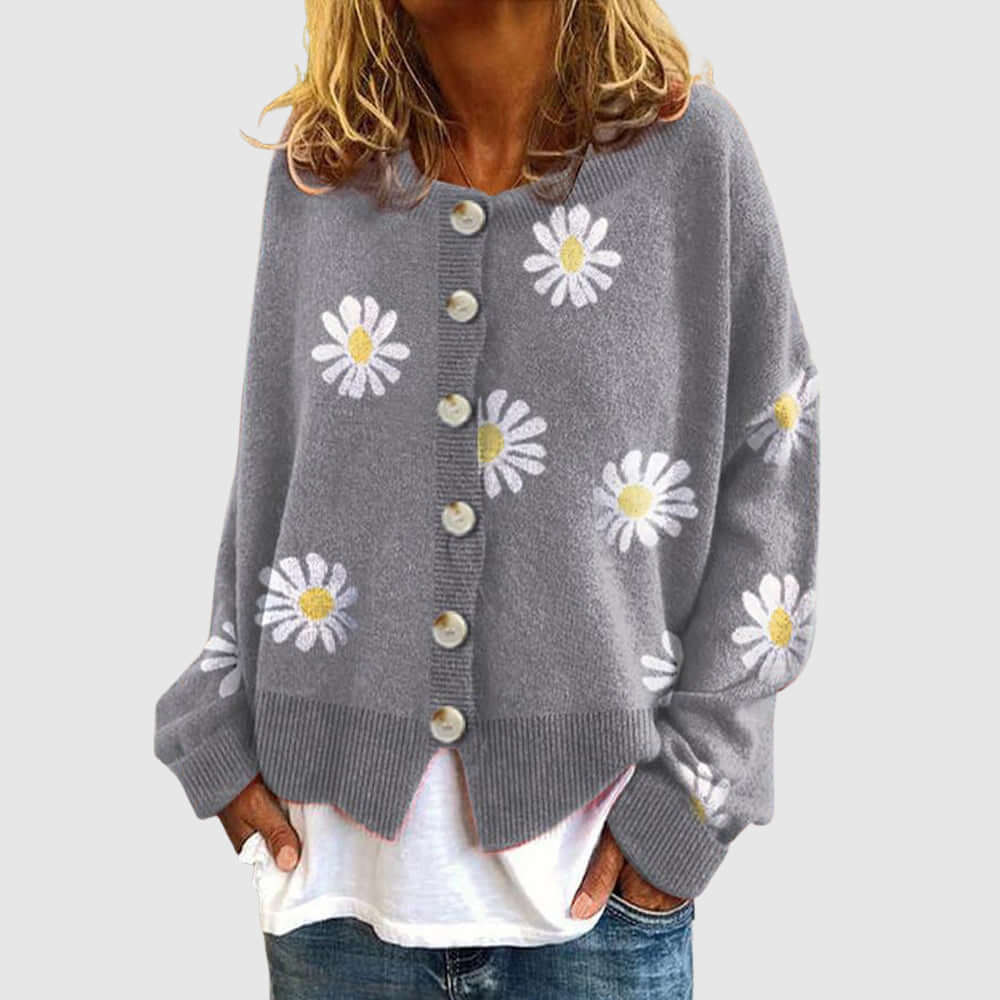 Women's Knitted Cardigan with Daisy Pattern