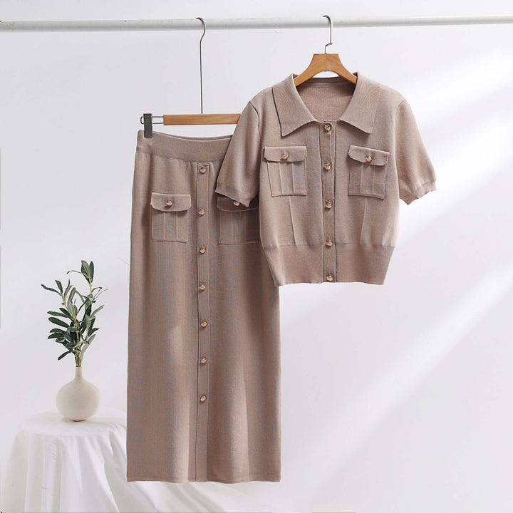 Women's Knitted Golden Button Sweater and Skirt Set