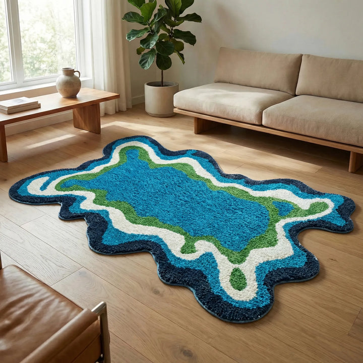 Artistic sculpted area rug, Flowique, featuring abstract waves. Adds a unique modern touch to any contemporary home.