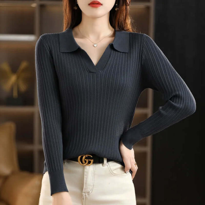 Women's Ribbed V-Neck Polo Shirt