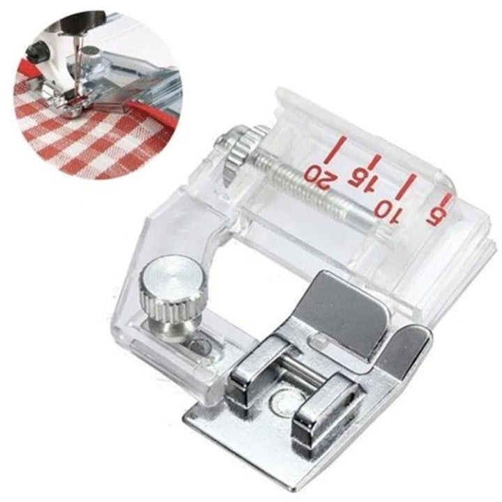 Close-up of metal Adjustable Bias Binder Presser Foot, perfect for precise DIY tailoring & quilting projects