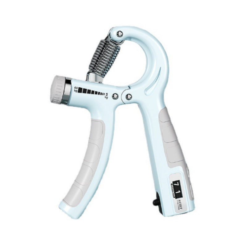 Hand firmly gripping the adjustable grip strengthener with the counter visible, workout goal