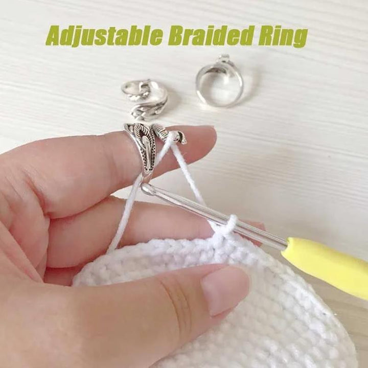 Adjustable silver knitting crochet yarn guide ring, finger protector for crafting, ergonomic design.