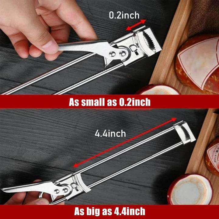 Kitchen aid: adjustable stainless steel jar opener with secure grip, simplifying food prep tasks.