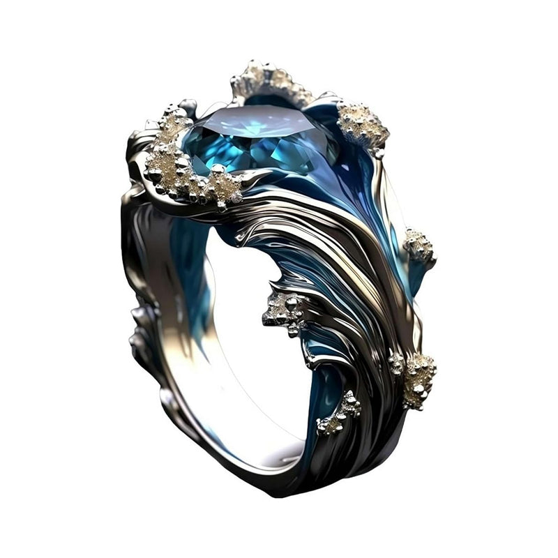 Model wearing an adjustable unisex ocean wave ring, showcasing its subtle elegance and fit
