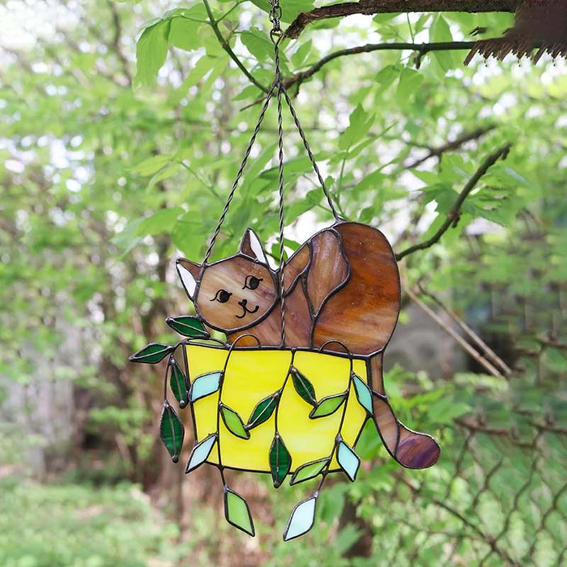 Artistic cat in planter stained glass decor for windows, adds colorful charm