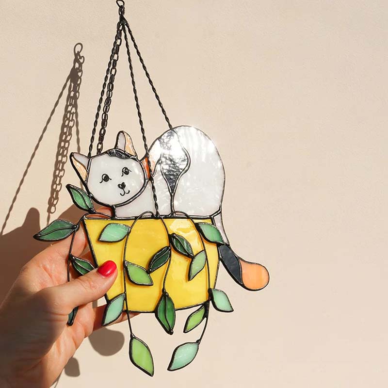Colorful cat in bloom stained glass suncatcher, ideal for any garden or window