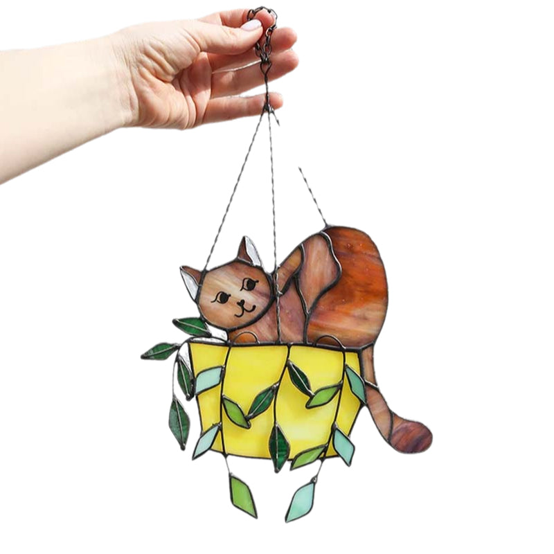 Cute kitten in a flowerpot stained glass panel, a charming piece of home art