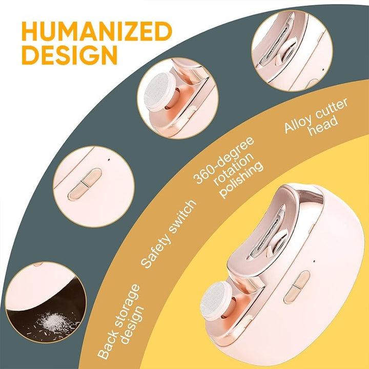 Close-up of electric nail clippers with integrated LED light, designed for gentle use on babies