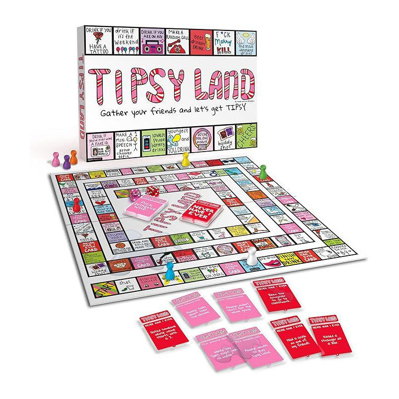 Adult Party Drinking Game cards scattered festive table, indicating a lively party game atmosphere.