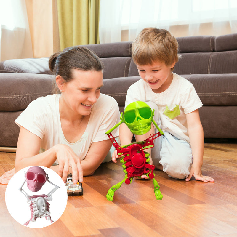 Close-up of animated skull toy with light-up eyes, featuring intricate details & musical function