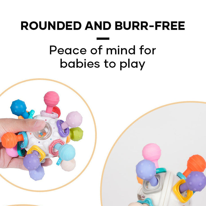 Infant silicone teether & rattle toy, perfect for newborns, promotes sensory exploration and fine motor skills