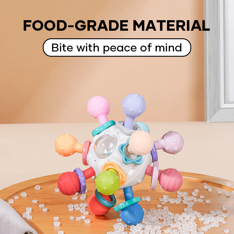 Montessori-style baby teething toy and rattle, soft silicone, ideal for infants, safe and durable