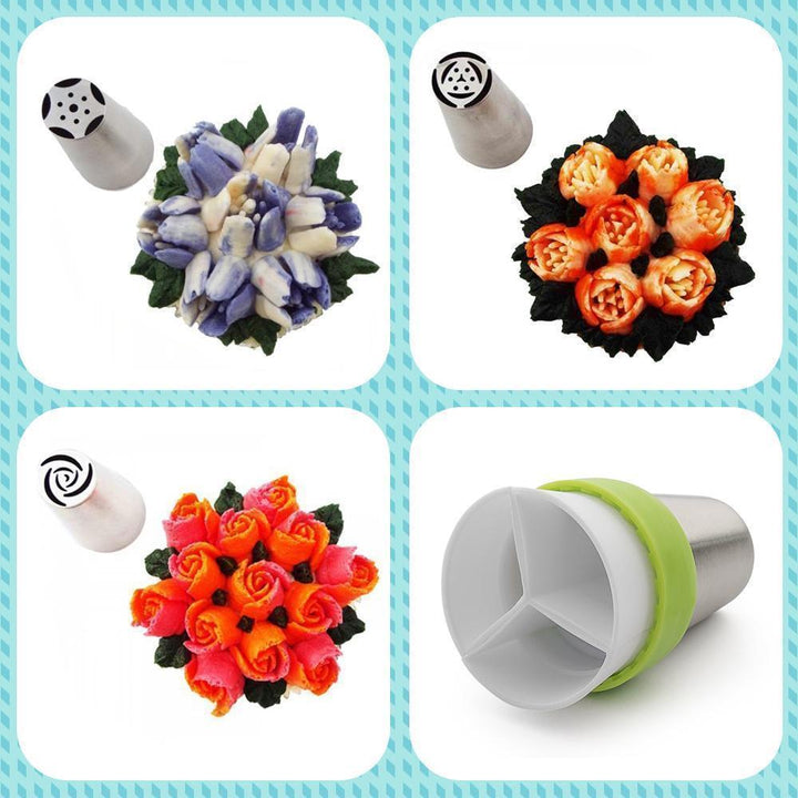 Piping kit with various stainless steel nozzles for diverse dessert decorations