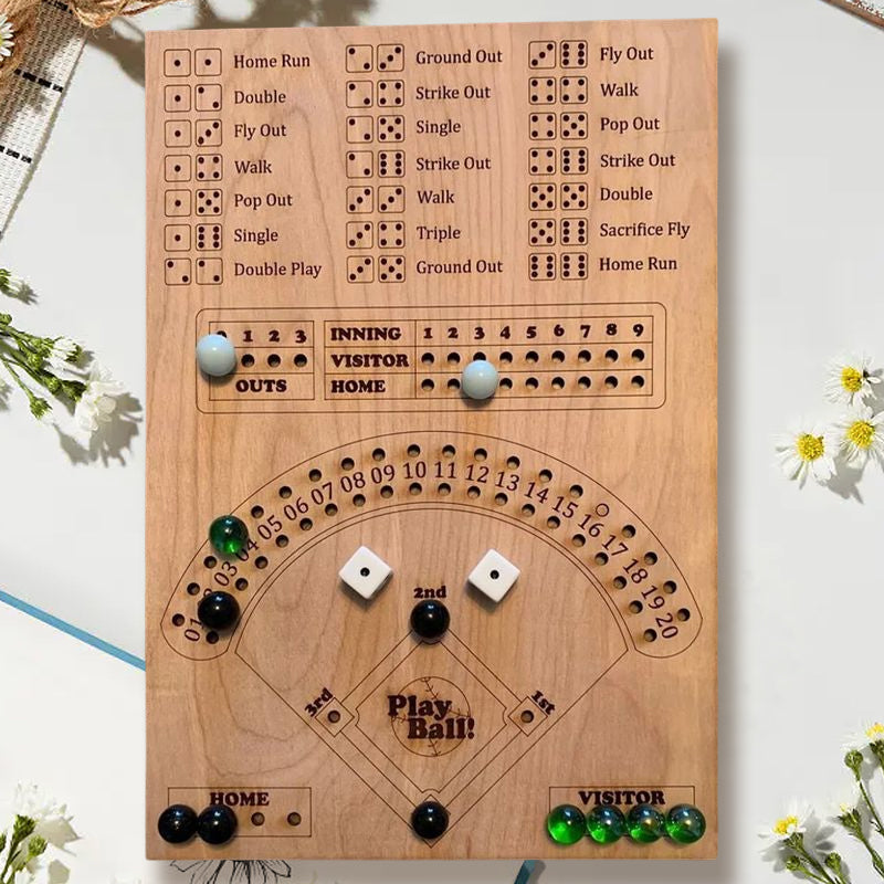 Wooden baseball dice game set with two dice, baseball player pawns, and score tracker for family fun.
