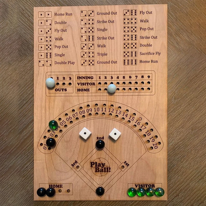 Close-up of the wooden dice and baseball-themed pawns from the Baseball Dice Board Game.