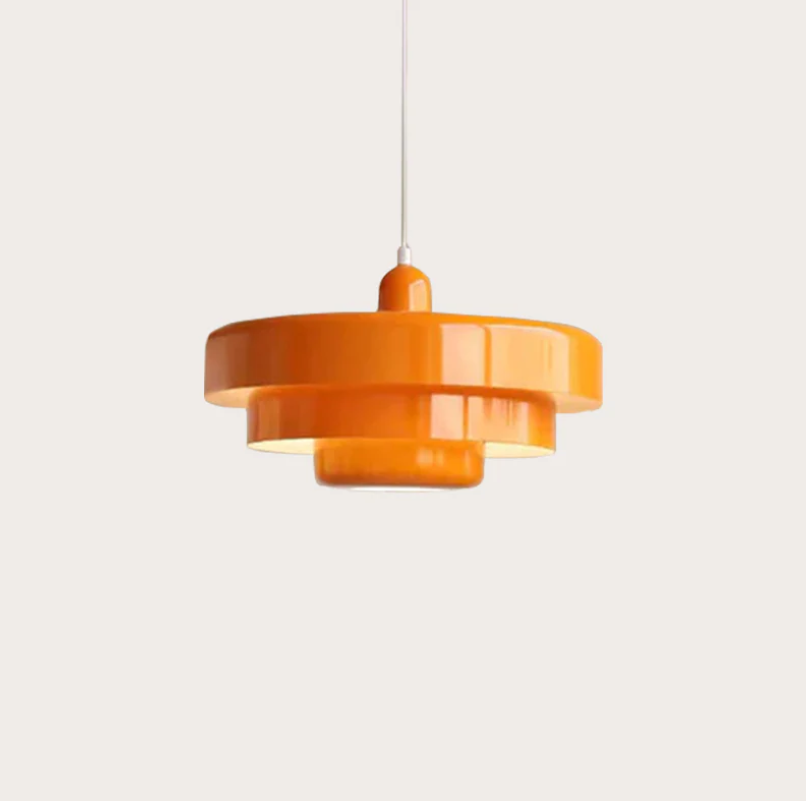 "Bauhaus Metal LED Pendant Light with bold colors, three-tier design, vibrant orange, green, and white for modern decor."