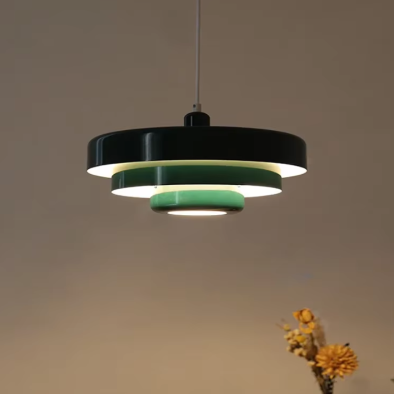 "Bauhaus Metal LED Pendant Light with bold colors, three-tier design, vibrant orange, green, and white for modern decor."