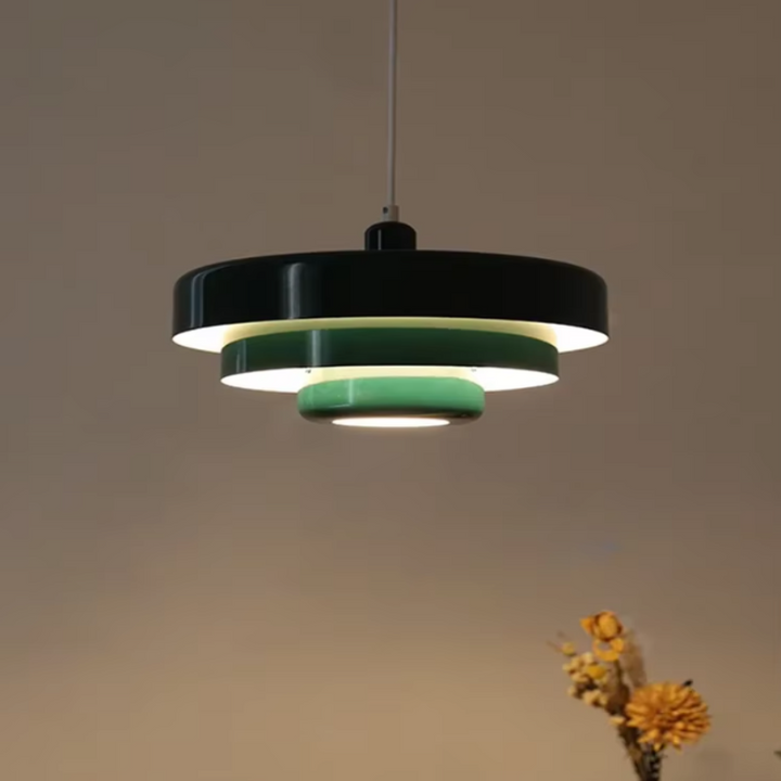 "Bauhaus Metal LED Pendant Light with bold colors, three-tier design, vibrant orange, green, and white for modern decor."