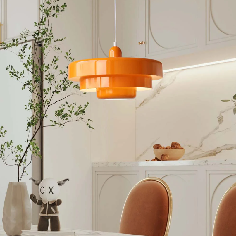 "Bauhaus Metal LED Pendant Light with bold colors, three-tier design, vibrant orange, green, and white for modern decor."