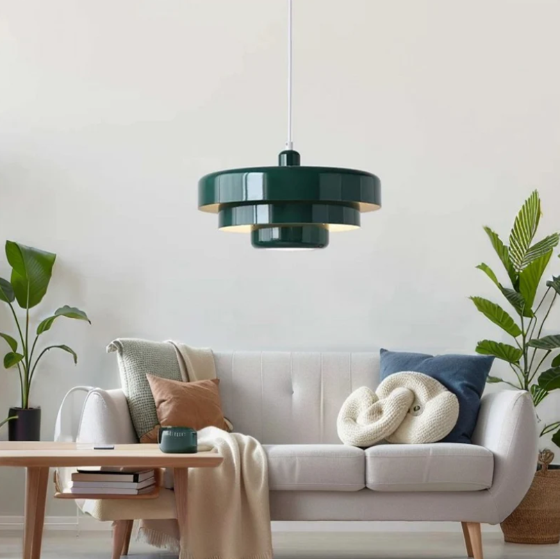 "Bauhaus Metal LED Pendant Light with bold colors, three-tier design, vibrant orange, green, and white for modern decor."