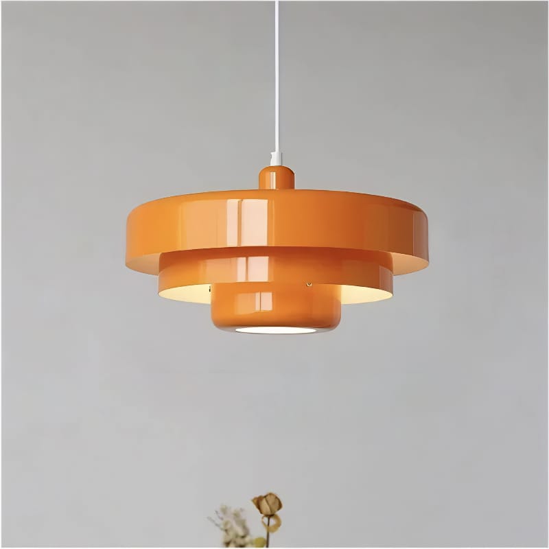 "Bauhaus Metal LED Pendant Light with bold colors, three-tier design, vibrant orange, green, and white for modern decor."