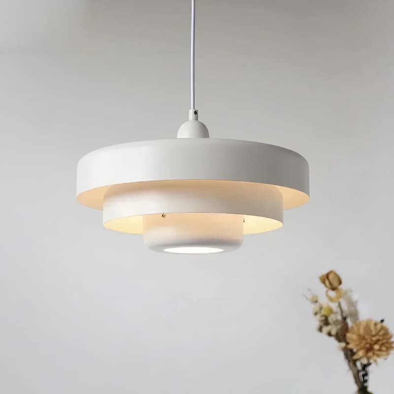 "Bauhaus Metal LED Pendant Light with bold colors, three-tier design, vibrant orange, green, and white for modern decor."
