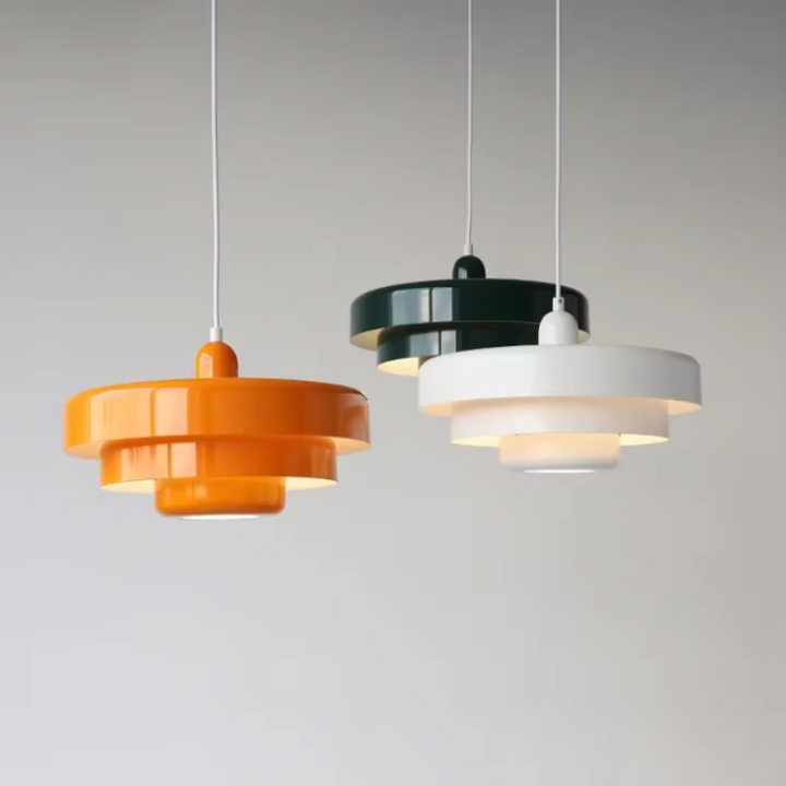 "Bauhaus Metal LED Pendant Light with bold colors, three-tier design, vibrant orange, green, and white for modern decor."