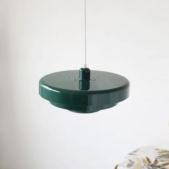 "Bauhaus Metal LED Pendant Light with bold colors, three-tier design, vibrant orange, green, and white for modern decor."