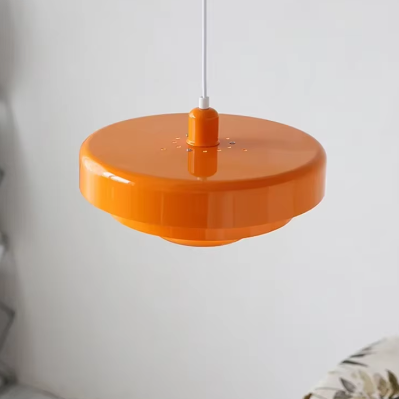 "Bauhaus Metal LED Pendant Light with bold colors, three-tier design, vibrant orange, green, and white for modern decor."